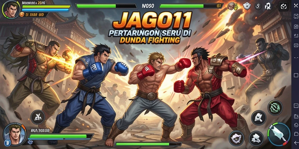 Screenshot gameplay JAGO11 yang menampilkan pertarungan seru dengan karakter-karakter kuat.