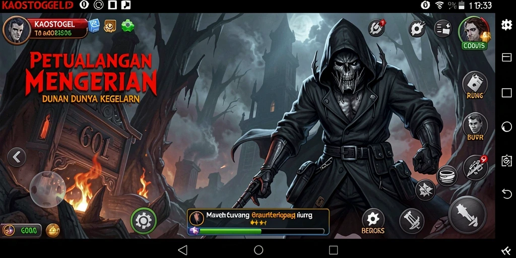 Screenshot gameplay KAOSTOGEL menampilkan suasana horor yang mencekam dan menantang.