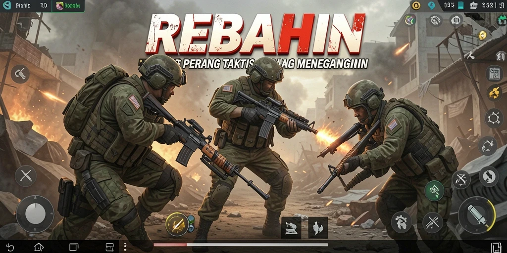 Screenshot utama menampilkan aksi tembak-menembak yang intens dalam REBAHIN.