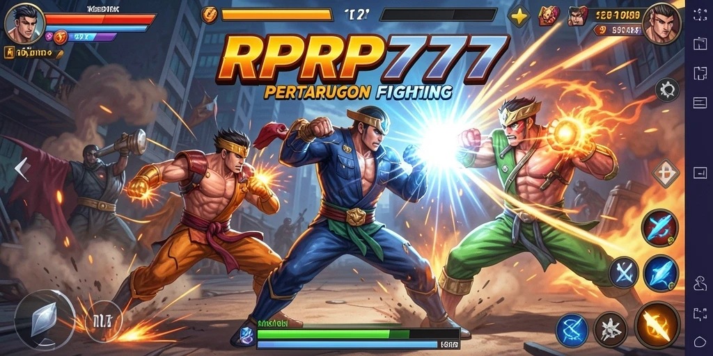 Screenshot gameplay RPRP777 menampilkan pertarungan seru dan karakter beragam.