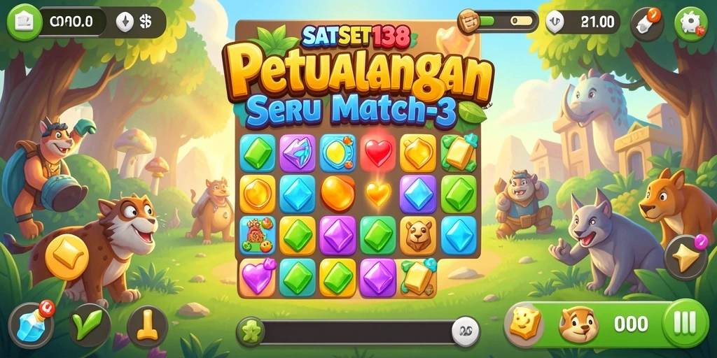 Menampilkan gameplay seru dari SATSET138 dengan kombinasi warna-warni match-3.