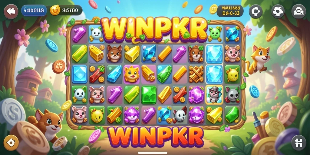 Tampilan gameplay seru dalam WINPKR, penuh warna dan tantangan Match-3.