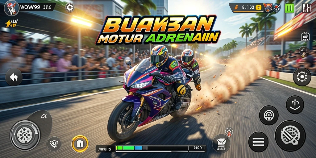 Screenshot gameplay WOW99 menampilkan balapan motor yang intens.